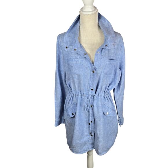 Chicos Chambray Linen Tunic Dress Drawstring Cover up Blue Mini Dress  #915 - Picture 2 of 11